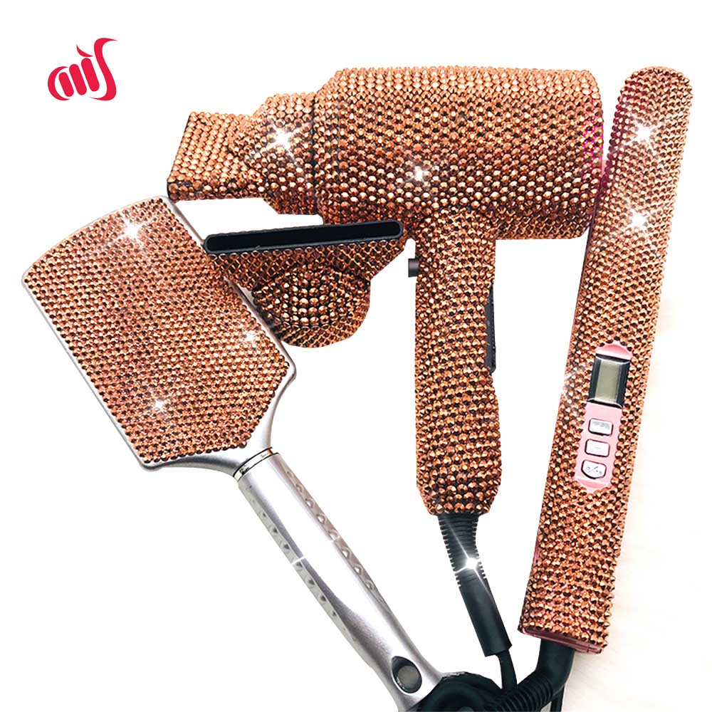 Hair Styling tools 3 Piece Set Bling Rhinestone Hair Dryer Hair Straightener Wig Brush Hot tools