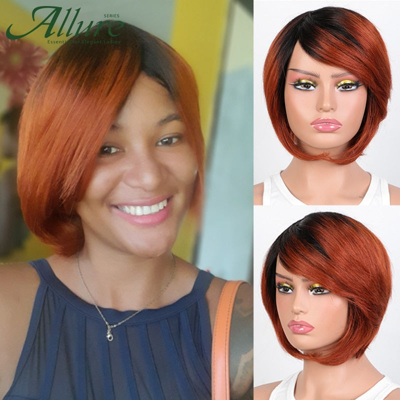 Burgundy Short Bob Wig With Bangs Side Part Bob Human Hair Wigs For Black Women Colored 99J Brown Brazilian Hair Wigs Allure