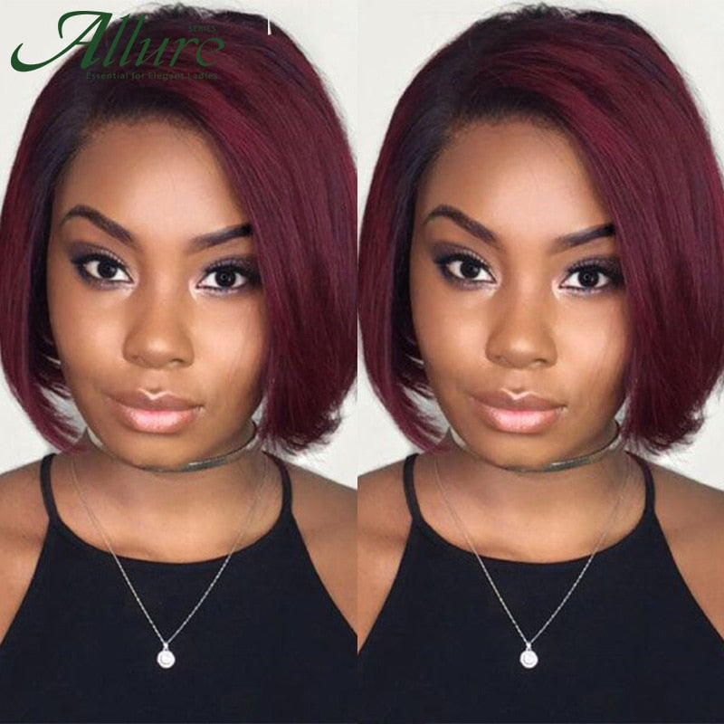 Burgundy Short Bob Wig With Bangs Side Part Bob Human Hair Wigs For Black Women Colored 99J Brown Brazilian Hair Wigs Allure