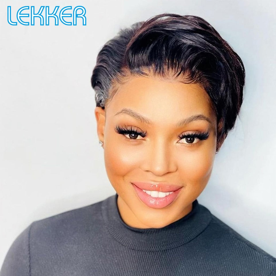 Lekker Short Pixie Bob T Part Lace Front Human Hair Wigs For Women Brazilian Remy Hair Ombre Blonde 613 Glueless HD Lace Wigs