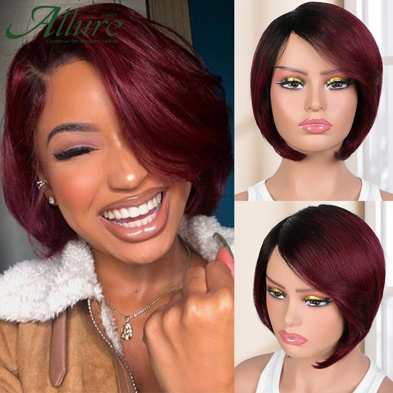 Burgundy Short Bob Wig With Bangs Side Part Bob Human Hair Wigs For Black Women Colored 99J Brown Brazilian Hair Wigs Allure