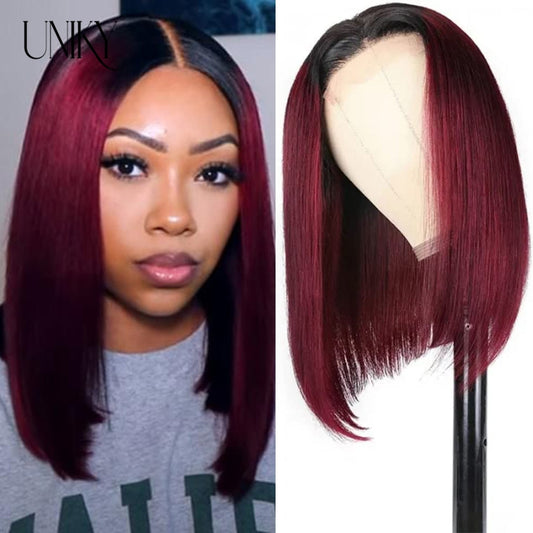 Brazilian Bone Straight Human Hair Wigs For Women 1B/99J Highlight Wig Human Hair bob Wig Straight13x4 Lace Frontal Short BobWig