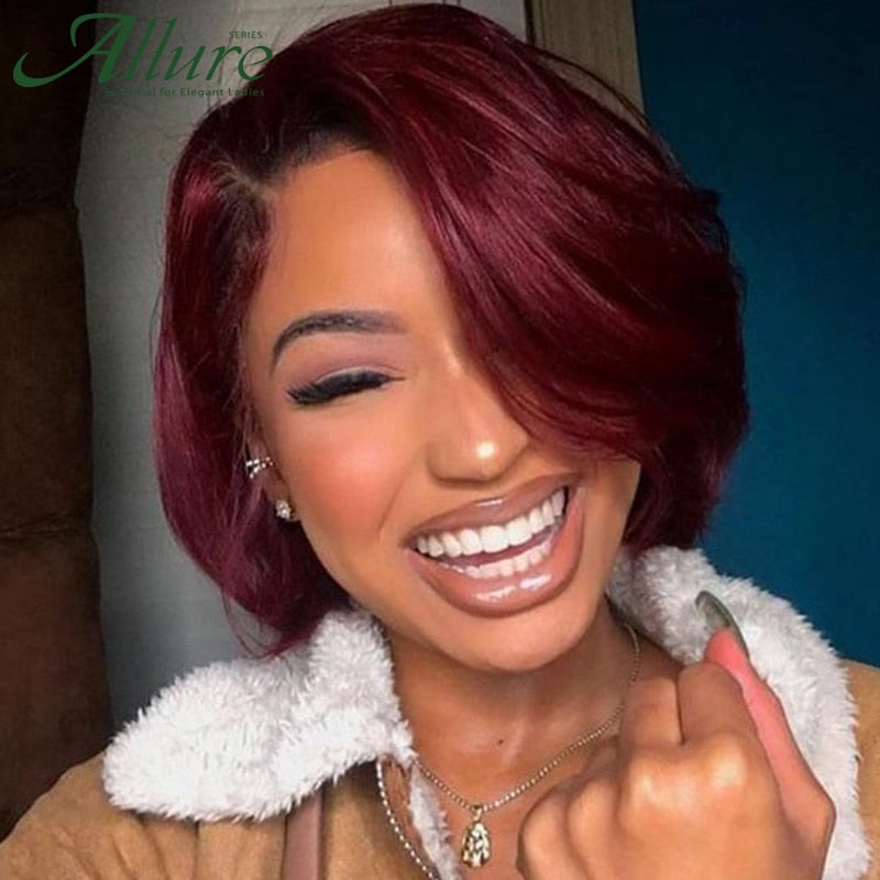 Burgundy Short Bob Wig With Bangs Side Part Bob Human Hair Wigs For Black Women Colored 99J Brown Brazilian Hair Wigs Allure